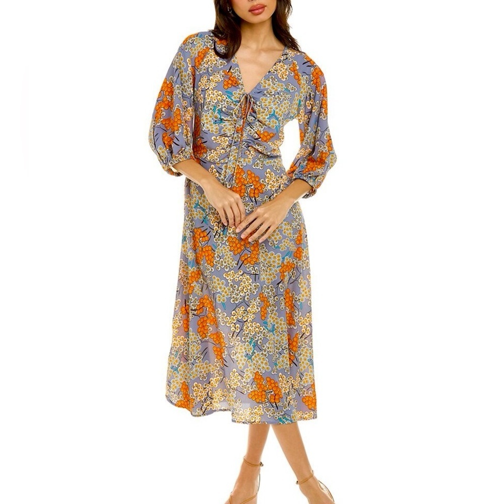 Traffic People Purity Floral Ruched Neck Midi Dress Blue Gray Orange Size M Boho